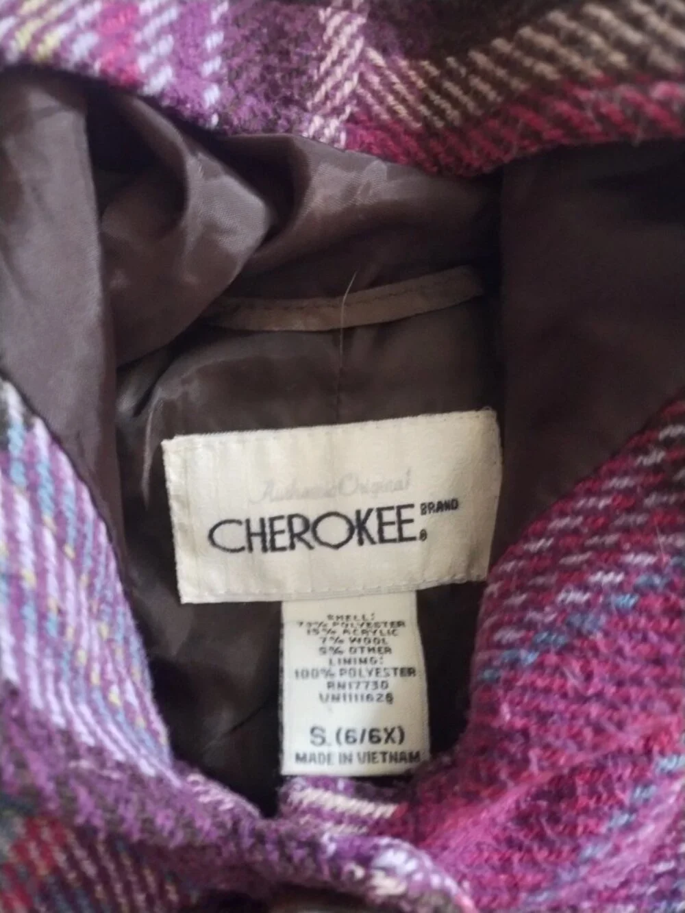 Vintage Y2K Cherokee plaid pea coat girls size 6 pink & purple